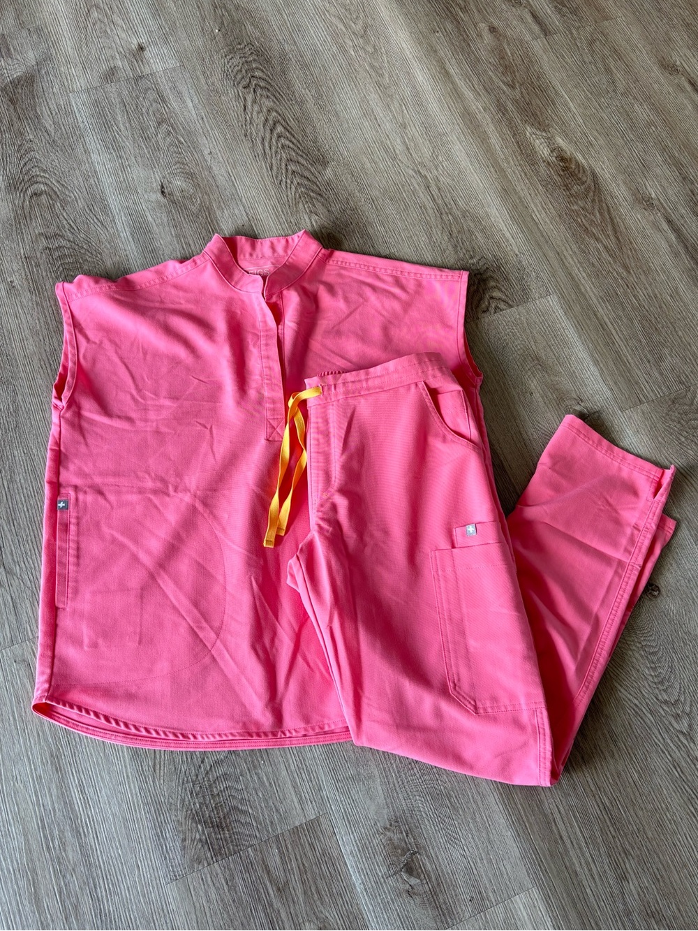 FIGS Women's Neon Pink Rafaela Top and Pants Set with Orange Drawstring